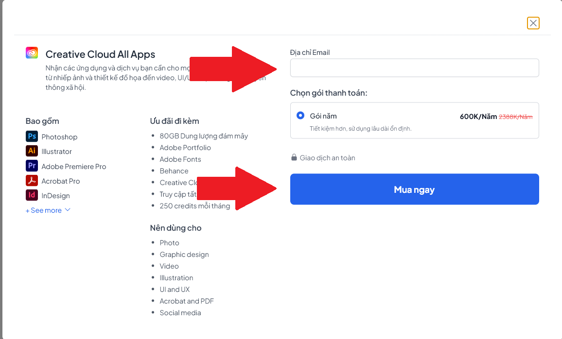 Ảnh minh họa nhập Email và chọn gói